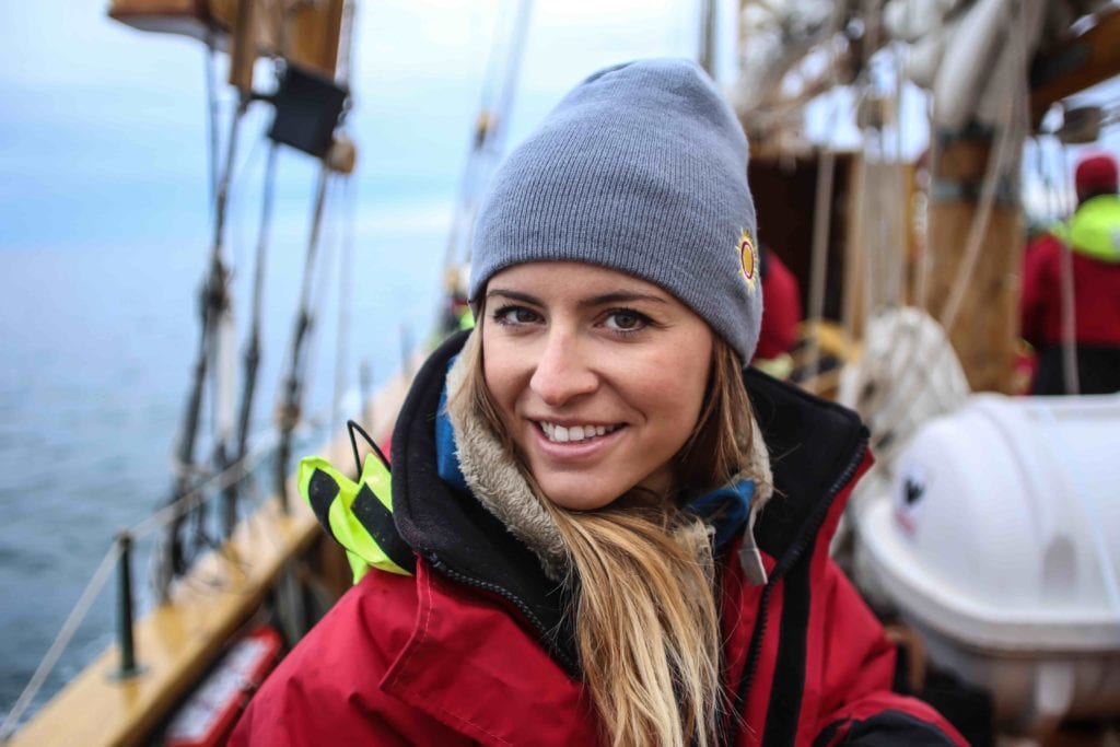 Picture of Michela during whale watching when traveling the ring road in Iceland