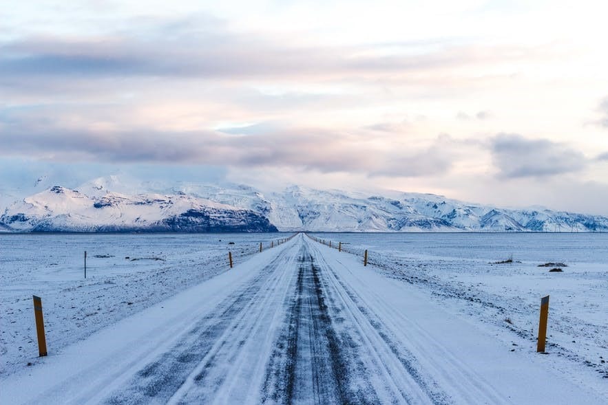 snowy surroundings when driving in Iceland during winter