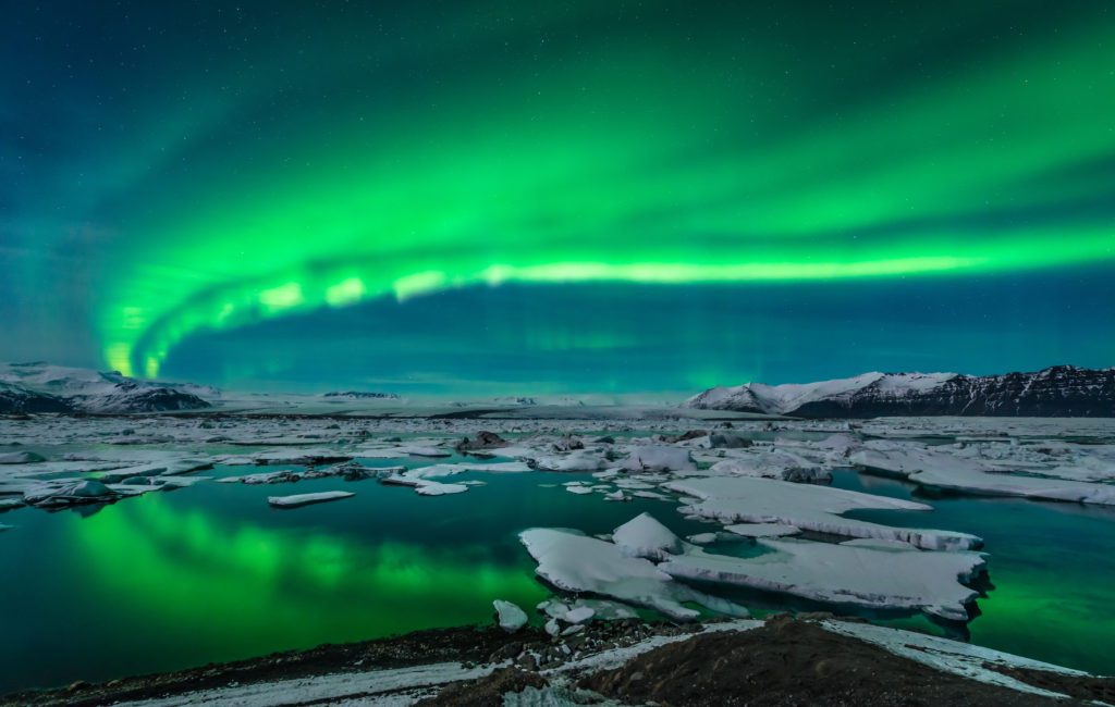 The Northern Lights at Glacier lagoon in Iceland. 